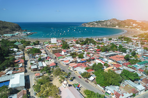 San juan del sur beachfront aerial drone view on sunny day