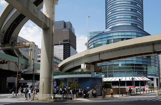 Tokyo, Japan, May 6th, Complex crossing of railway and public transport bridges in the Toshima area.