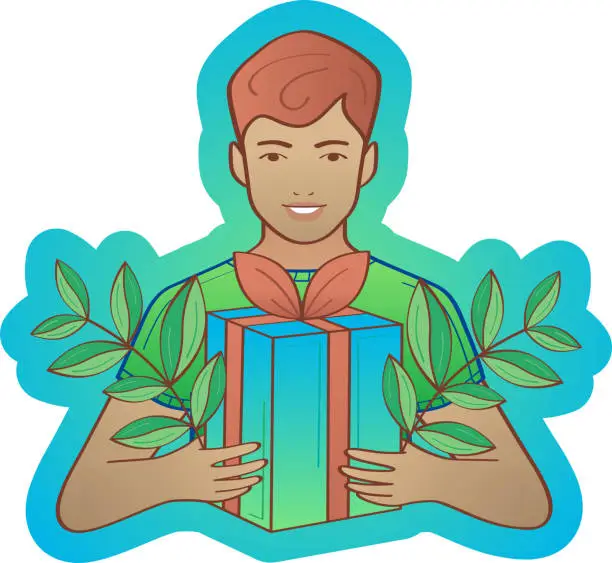 Vector illustration of Cute boy holding gift box