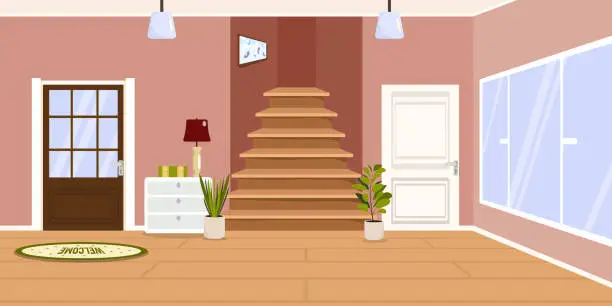 Vector illustration of Vector illustration of a beautiful living room. Cartoon scene with a living room with stairs, a door, a bedside table with books and a table lamp, a carpet with the inscription welcome, flower pots.
