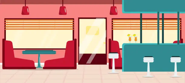 Vector illustration of Vector illustration of a cozy retro cafe interior. Cartoon scene with a beautiful interior of a cafe with doors, a bar with lemonades, chairs, a table for visitors, light bulbs.