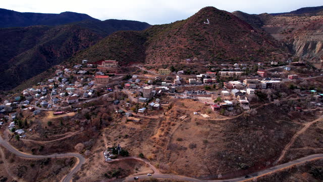 Aerial View of Jerome, Arizona USA, Hillside Mining Town Buildings and Roads