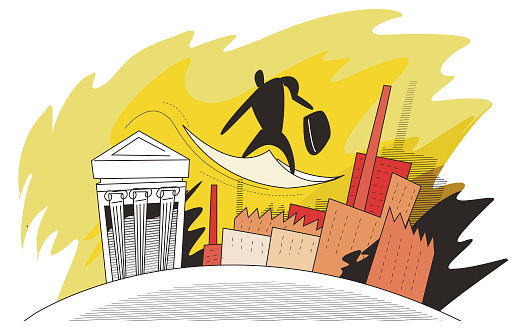 Vector man flying above stocks and valuable paper, below, factories, company buildings, banks