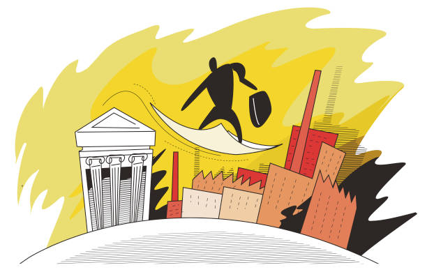 man flying above stocks and valuable paper, below, factories, company buildings, banks Vector man flying above stocks and valuable paper, below, factories, company buildings, banks mutual fund stock certificate stock market isolated stock illustrations