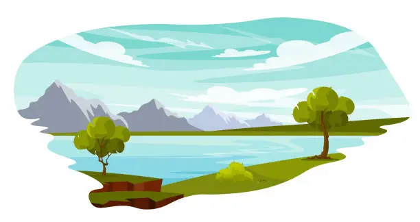 Vector illustration of Vector illustration of a beautiful summer landscape. Cartoon scene of a wonderful summer landscape with clear sky and clouds, mountains on the horizon, plain, river, rock, trees, bushes, grass.