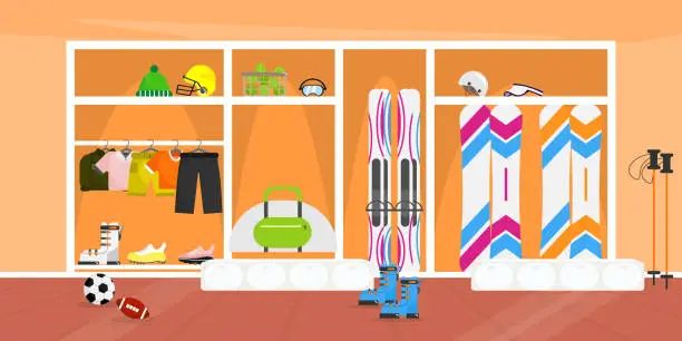 Vector illustration of Vector illustration of a room with sports equipment. Cartoon scene with a closet with sports equipment: different types of balls, clothes, shoes, helmet, tennis balls, suitcase, skis, snowboard.