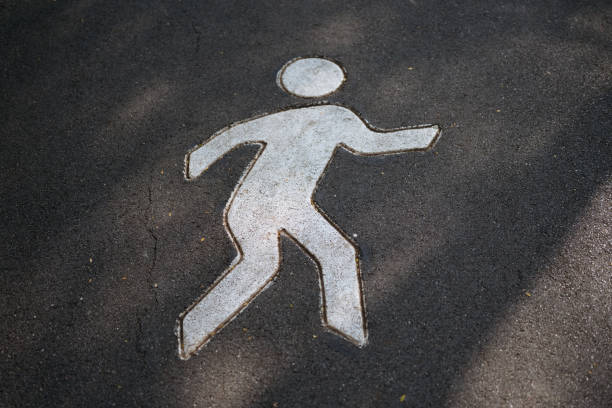Pedestrian symbol on asphalt indicating a walking path with fallen leaves.