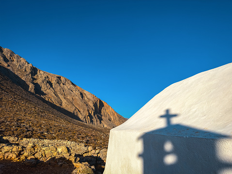 White Greek church on E4 hiking path near Loutro (Crete).
