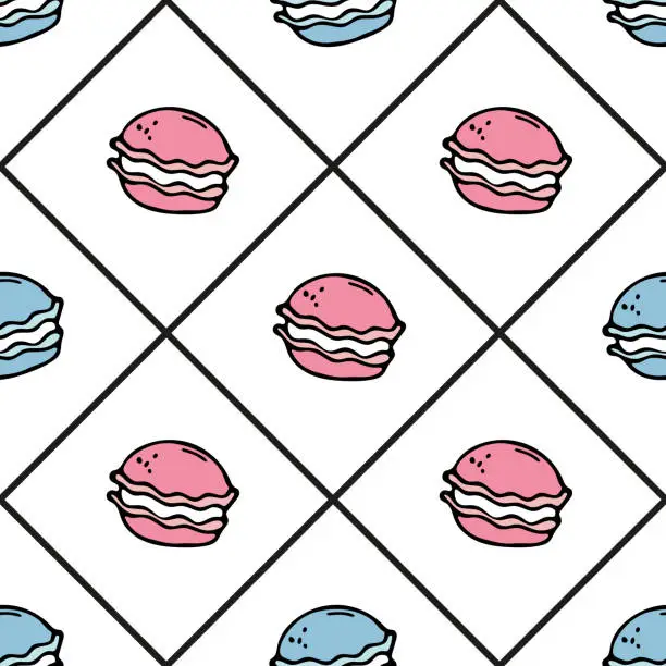 Vector illustration of Seamless pattern with blue and pink macarons. Doodle cartoon vector