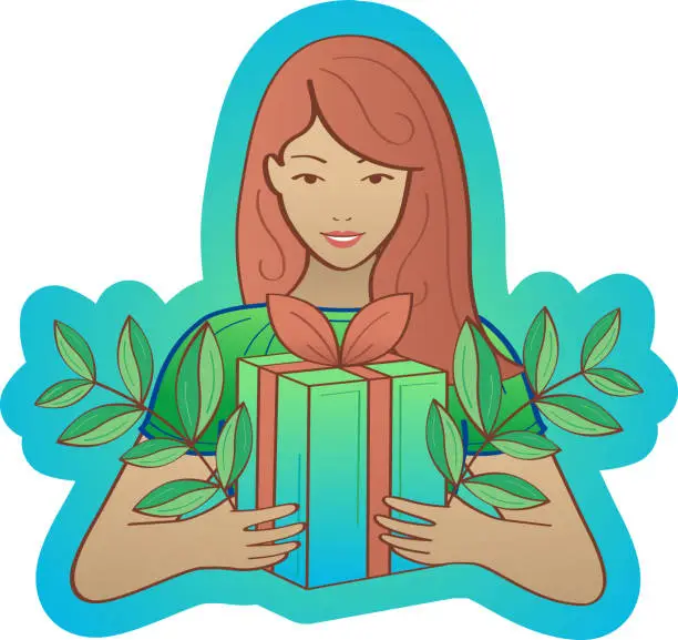 Vector illustration of Cute girl holding gift box