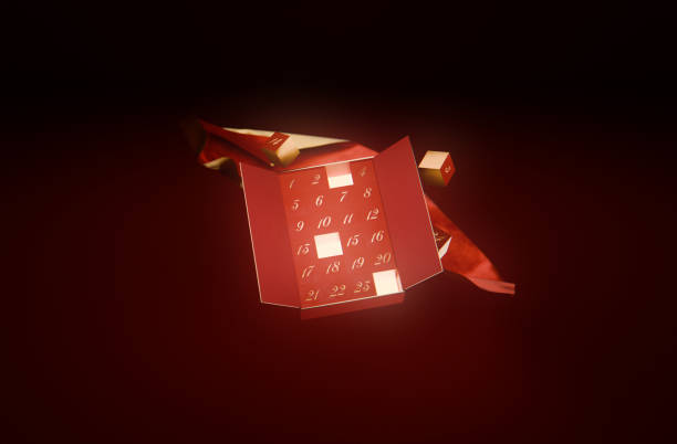 A red and gold advent calendar in a red studio environment. Part of a series digitally created 3D images with a Christmas advent calendar theme.