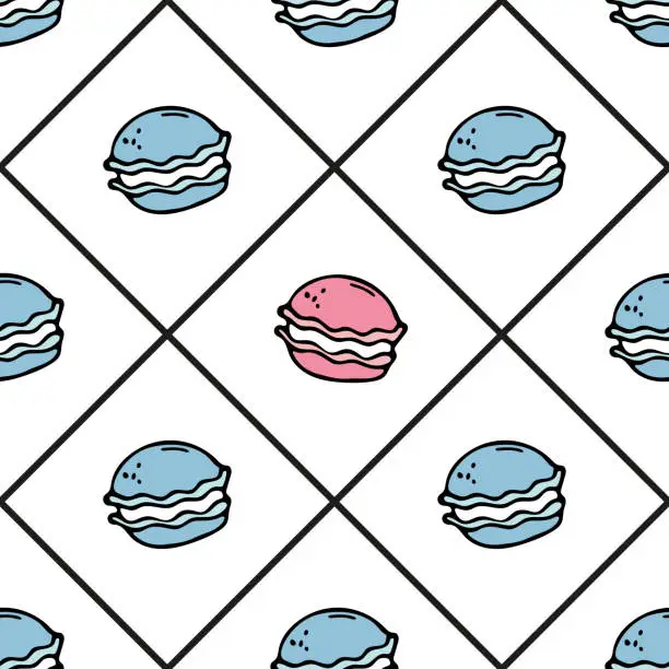 Vector illustration of A pattern with blue and pink macarons. Doodle cartoon vector