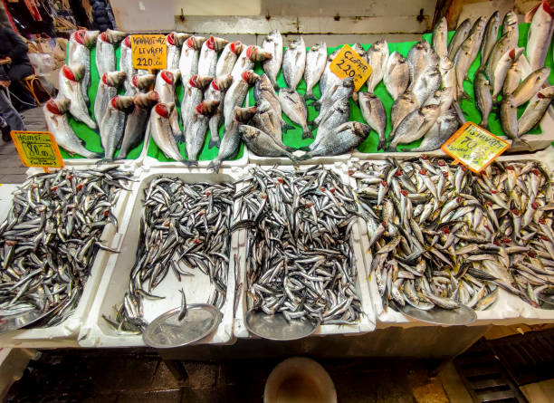 Selling fish seafood at bazaar in istanbul turkey