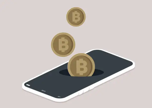 Vector illustration of A creative representation of the concept of generating income through mobile technology, with coins appearing to emerge from a smartphone screen