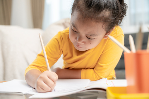 Young girl doing homework at home