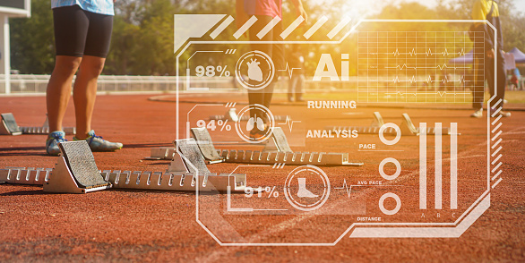 Sprint athletes use AI tools to analyze their running.Close up of runners feet on the track field
