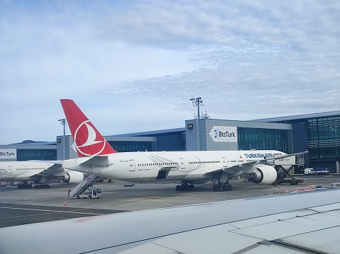 Airplanes waiting line to take-off at new airport of istanbul turkey