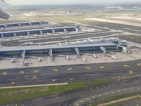 Airplanes waiting line to take-off at new airport of istanbul turkey