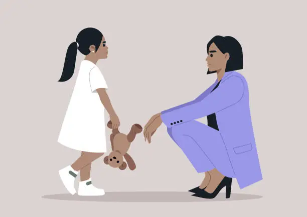 Vector illustration of Heartwarming image captures a young girl in a white dress and a business woman in a lavender suit sharing a stuffed bear, showcasing a silent, tender connection between them