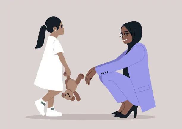 Vector illustration of Heartwarming image captures a young girl in a white dress and a business woman in a lavender suit sharing a stuffed bear, showcasing a silent, tender connection between them