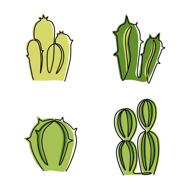 Vector illustration of One line cactus. Different forms green prickly plants, exotic flora or houseplants. Decorative elements for cards, posters or prints. Outline botanical decor. Vector cute cartoon isolated set