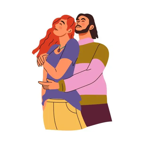 Vector illustration of Romantic couple. Man and woman hugging. Happy female and male. Romance relationships. Girlfriend and boyfriend together. Beloved characters in modern drawing. Vector exact cartoon illustration