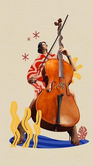 Symphony. Man playing double bass against pastel background. Contemporary art collage. Concept of music festival, creativity and inspiration. Template for music events posters. Modern aesthetics