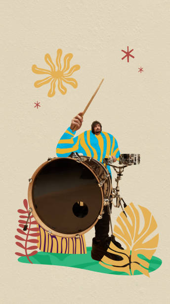istock Talented man playing drums against abstract background. Contemporary art collage. 1990292179