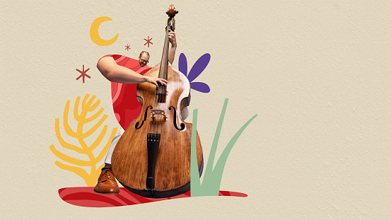 Talented young man playing double bass over abstract beige background. Contemporary art collage. Concept of music festival, creativity, inspiration. Template for music event posters. Modern aesthetics