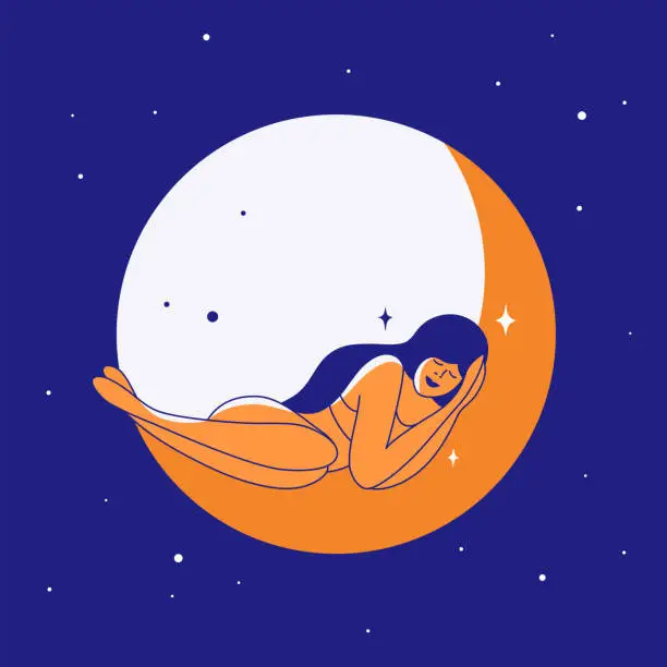 Vector illustration of Healthy sleep, sweet dream, modern witch vector illustration with beautiful female sleeping lying on crescent moon