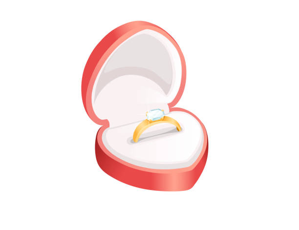 istock Red wedding heart shape box with golden ring vector illustration isolated on white background 1990329814