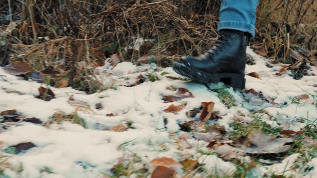 Snow on the grass with leaves. A tourist, a woman in boots, walks through the forest in the Alps. Close-up of boots walking on leaves and grass covered with frost and snow.