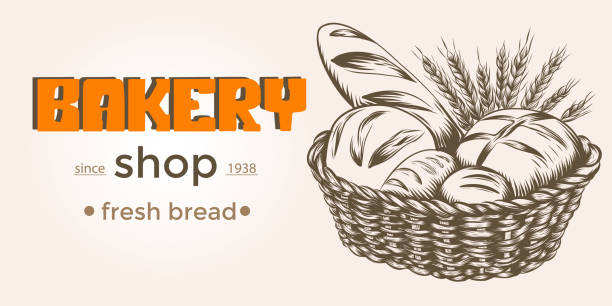 Hand drawn illustration of basket with different kinds of bread. Bakery product. Template for poster business card banner label and icon for bakery shop and menu. Bakery engraved sketch.