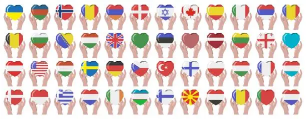 Vector illustration of Hands hold the flags of different countries of the world in the heart. 49 state flags. Flags of different countries.