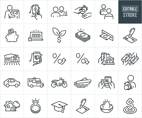 A set of banking and loans icons that include editable strokes or outlines using the EPS vector file. The icons include a person using an ATM machine, person doing online banking from phone, customer talking to bank teller at teller window, cash withdrawal, customer visiting with a loan officer at a bank, piggy bank with coins, online banking security on laptop, client using a smartphone to electronically deposit a check, stack of cash, cash coming out of an ATM slot, financial check being signed, credit union, financial institution, bank, banking online security on phone, high interest rates, low interest rates, bank transfer, mobile to mobile financial transfer, car loan, RV loan, motorcycle loan, boat loan, house loan, wedding loan, signed contract, nest egg, money growth, savings account and financial goals.