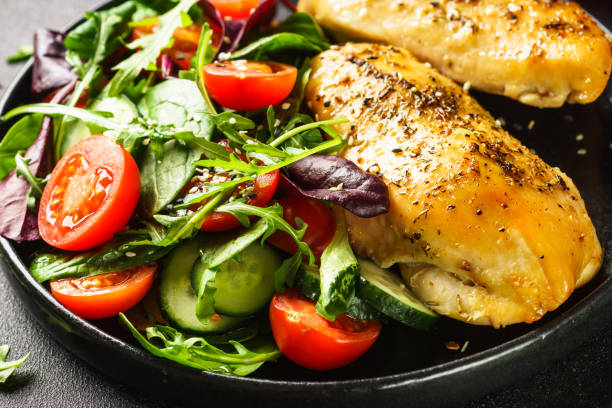 istock Green salad with chicken fillet on black. 1990349280
