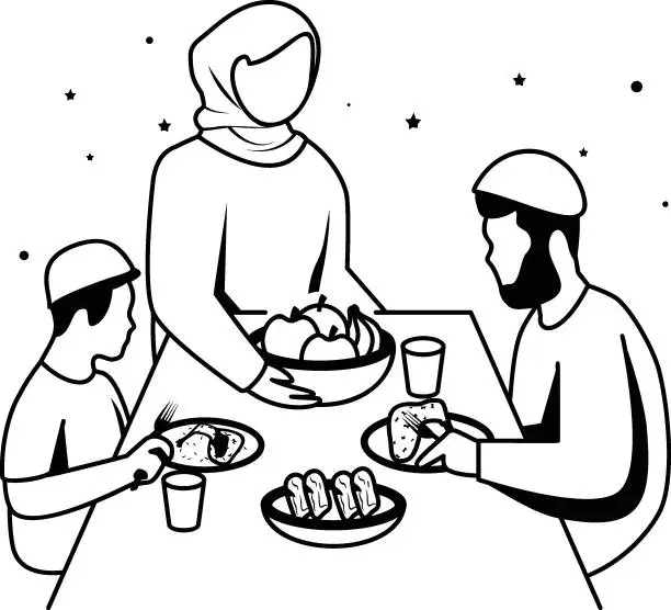 Vector illustration of Family taking evening meal and break the fast vector design, Ramadan and Eid al-Fitr Symbol Islamic and fasting Sign, Arabic holiday celebration, Arranging the table with care before iftari concept