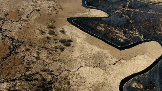 Aerial View of a Meandering River Through a Burnt Grassland After Fire