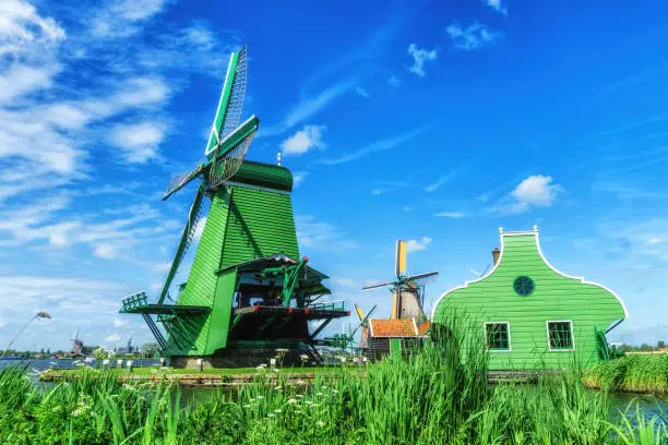 Photo of rural landscape with windmills in Zaanse Schans. Holland, Netherlands