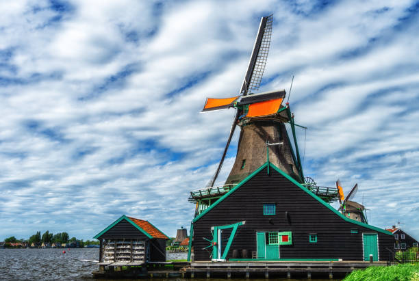 Dutch historic wooden windmills at the Zaanse Schans, The Netherlands