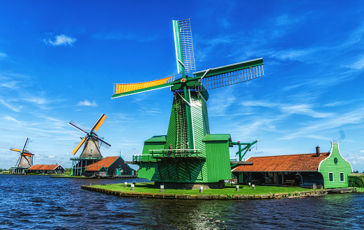Zaanse Schans is a bucolic Dutch village with historical houses and working windmills near, Amsterdam, Netherland.