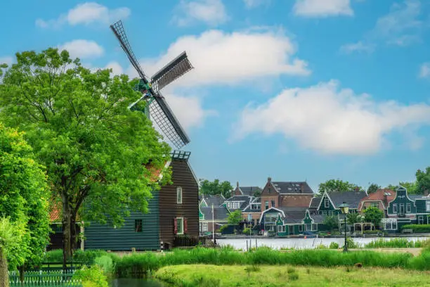 Photo of rural landscape with windmills in Zaanse Schans. Holland, Netherlands