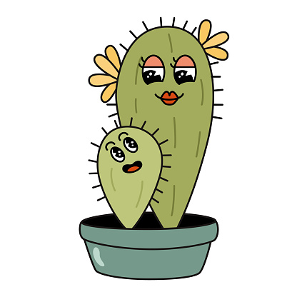 Cute groovy cactus, mother and child cartoon characters. Vector illustration
