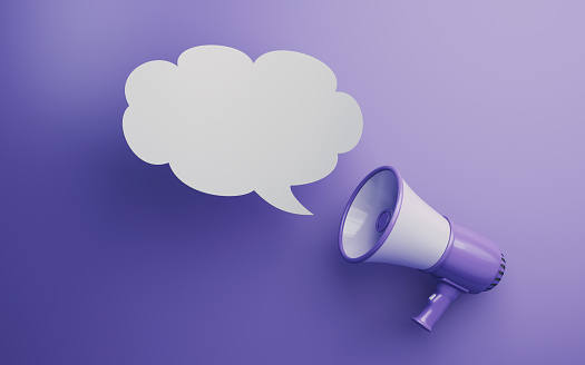 3d Render Purple & White Megaphone on Speech Bubble Soft Yellow Background,It can be used for concepts such as discount, announcement, election, vote, policy, state, winning, losing