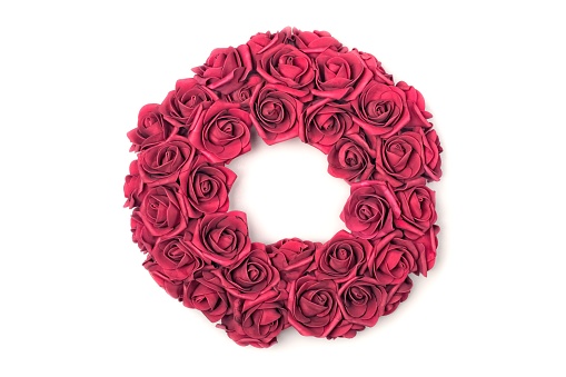 Red rose flower wreath isolated on white background.