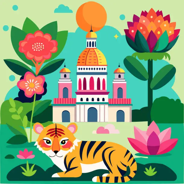 Vector illustration of WebFlat design vector illustration concept of Chinese new year 2022. Bangladesh, India. Tiger, pagoda and lotus flower.