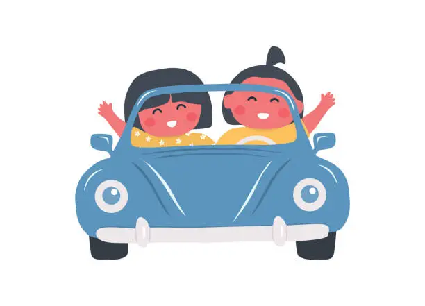 Vector illustration of Cute little children in blue car. Kids smiles and waves their hands