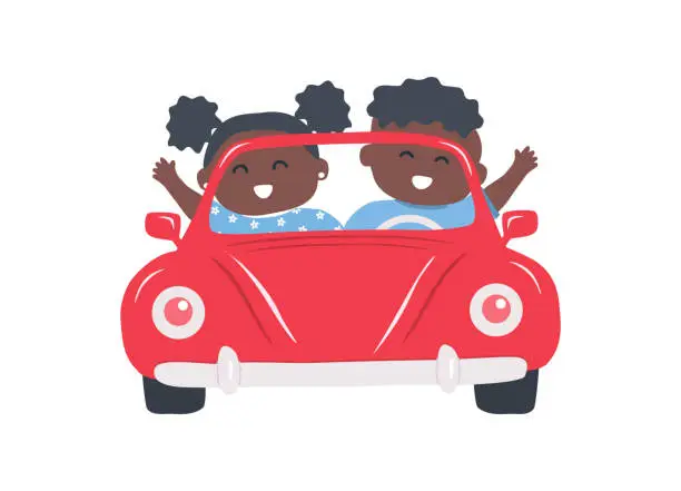 Vector illustration of Cute black children in red car. Kids smiles and waves their hands