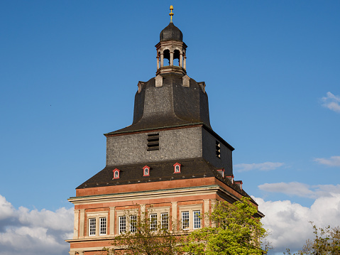 Hohenburg Monastery with statue of Saint Odilia on Mont Sainte-Odile near Ottrott. Bas-Rhin department in Alsace region of France