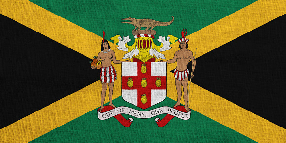Flag and coat of arms of Jamaica on a textured background. Concept collage.